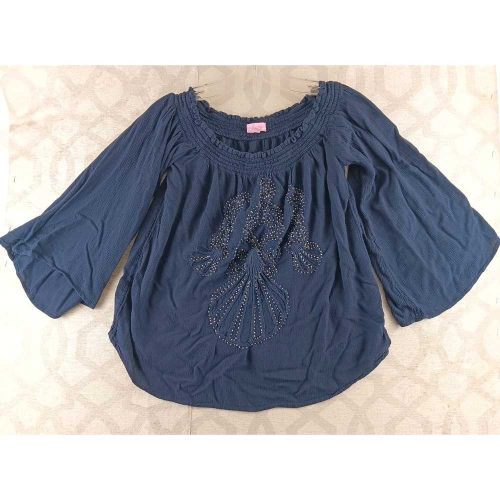 Lilly Pulitzer Nita Top Off Shoulder Womens Small Blue‎ Pom Pom Vacation *Read